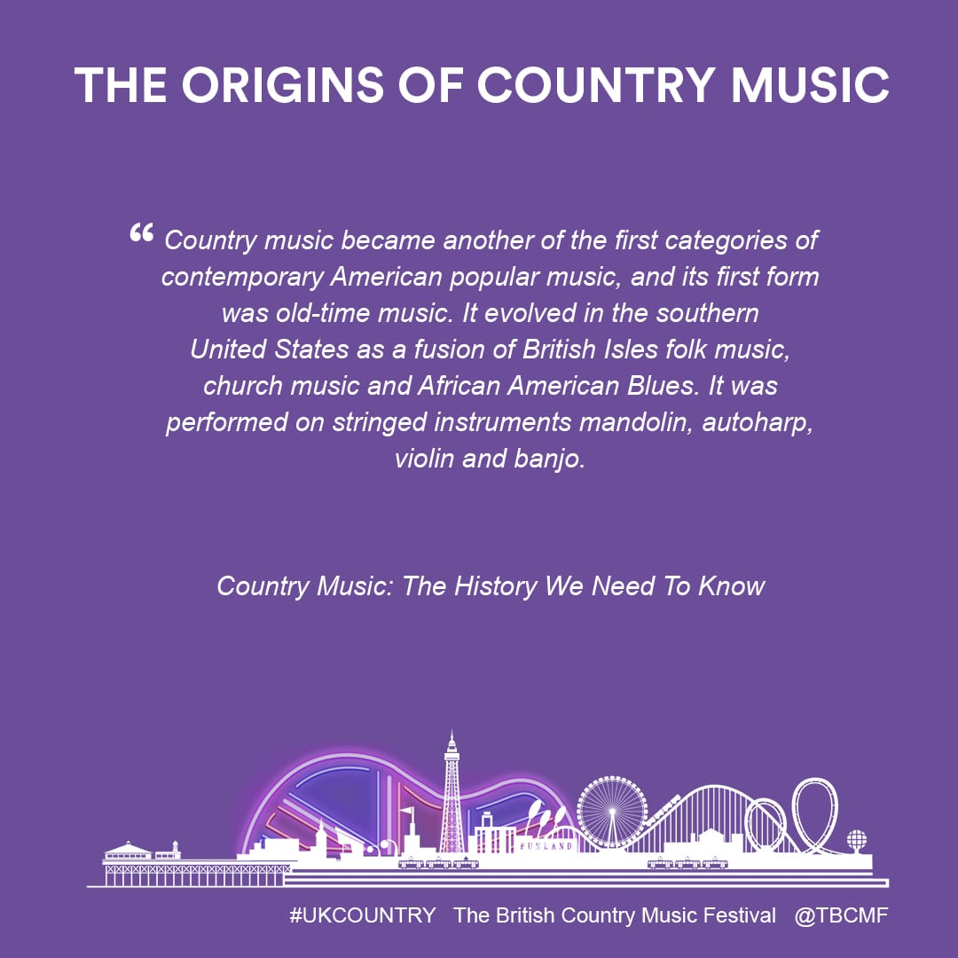 Origins of Country Music Country music became another of the first categories of contemporary American popular music, and its first form was old-time music. It evolved in the southern<br />
United States as a fusion of British Isles folk music, church music and African American Blues. It was<br />
performed on stringed instruments mandolin, autoharp, violin and banjo.