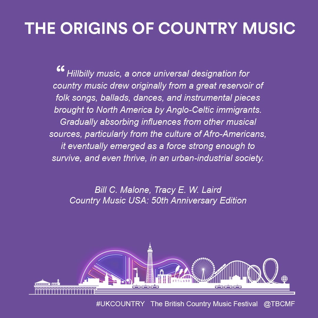 Origins of Country Music- Hillbilly music, a once universal designation for<br />
country music drew originally from a great reservoir of folk songs, ballads, dances, and instrumental pieces brought to North America by Anglo-Celtic immigrants.<br />
Gradually absorbing influences from other musical<br />
sources, particularly from the culture of Afro-Americans,<br />
it eventually emerged as a force strong enough to<br />
survive, and even thrive, in an urban-industrial society.